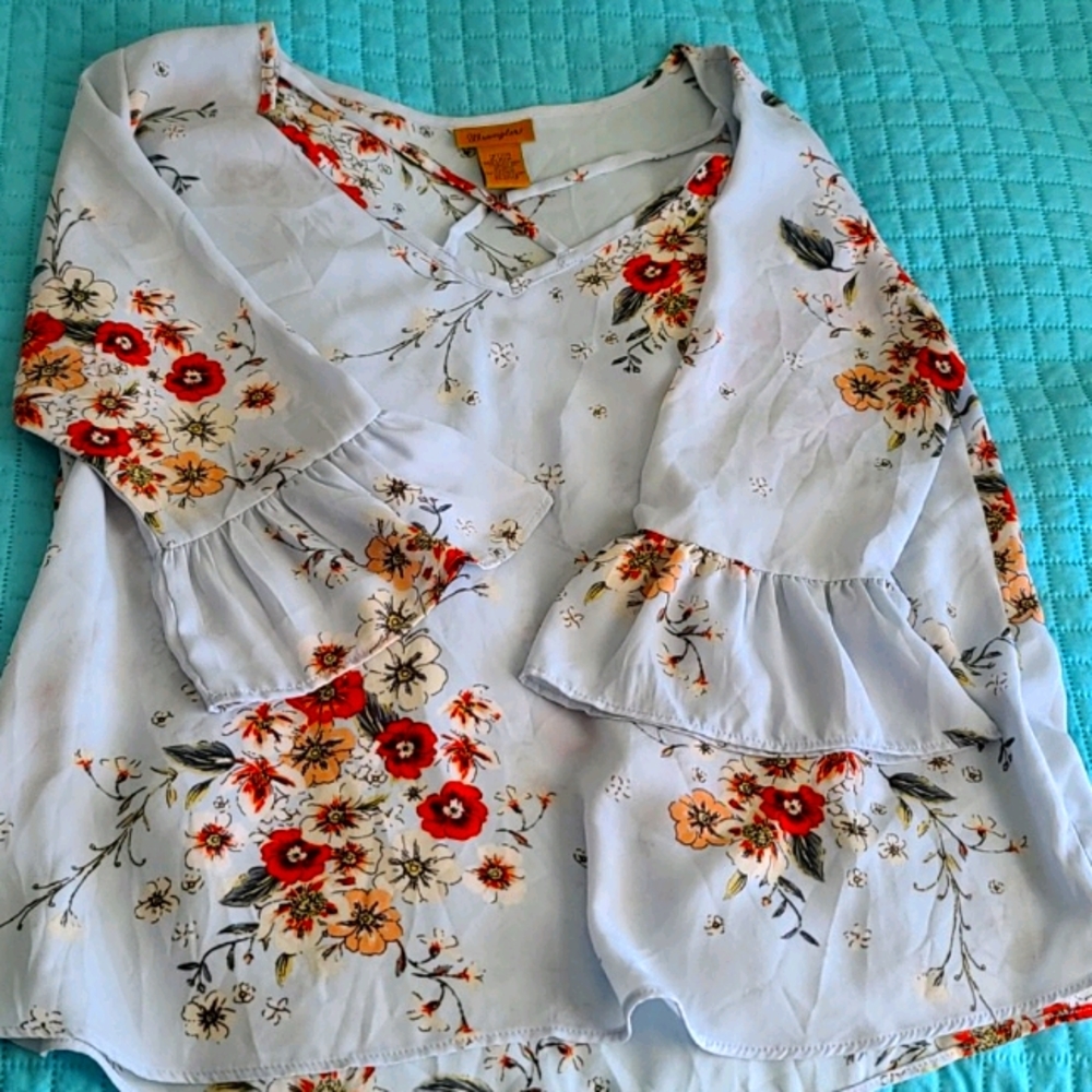 Sheer Baby blue floral bell sleeve blouse